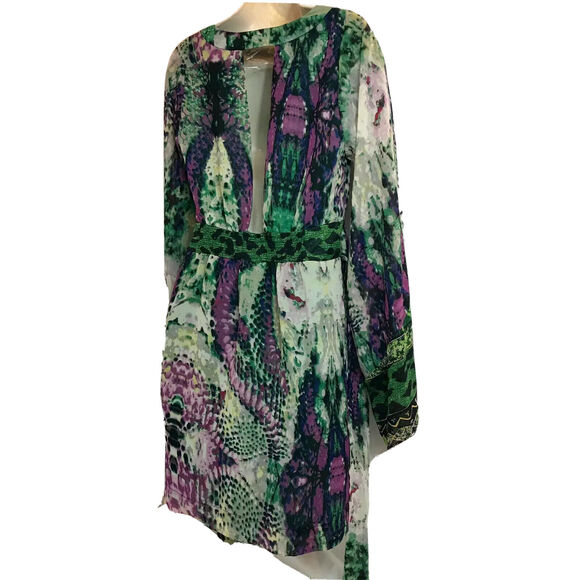 RAMPAGE Midi Dress Womens M Bold Sheer Mixed Animal Print Flair L/Sleeves Belted - Picture 5 of 11